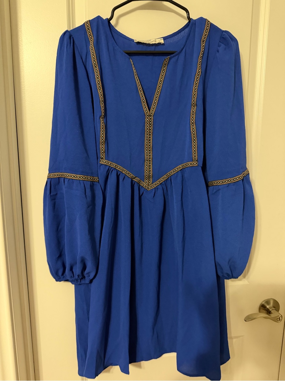 Royal Blue Long-Sleeve Boho Tunic Dress with Embroidered Trim